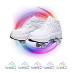 YOUSIOI Roller Skate Shoes with Double Row Deform 7 Colors LED Rechargeable Flashing 2 in 1 Removable Pulley Skates Skating Four Rounds of Running Shoes,White high top,40