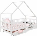 Lit cabane alva lit enfant simple asymétrique en bois 90 x 200 cm montessori, avec rangement 2 tiroirs, en pin massif lasuré blanc - Blanc