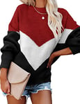 heekpek Jumpers for Women Casual Color Block Long Sleeve Tops Crewneck Sweater Knitted Jumper Loose Pullover Sweater Ladies Pullover Jumper Oversized, Burgundy, Size XL