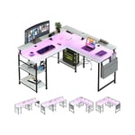 Bureau d'angle en forme de l Tbfit, bureau d'ordinateur réversible avec prise électrique et bande led, bureau de gaming avec support pour moniteur et