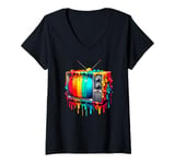 Womens Dripping Paint Vintage Television TV Retro 70s 80s V-Neck T-Shirt