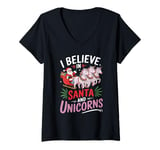 Womens I Believe In Santa And Unicorns, I Love Xmas Funny Christmas V-Neck T-Shirt