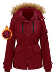 TOMEEK Manteau Femme Hiver Veste Parka Polaire Imperméable Manteau à Capuche Chauffante à Col en Fourrure Blouson Chaud Chic et Elegant avec 5 Poches Zippé Jacket,Vin rouge,Taille S