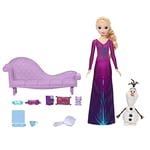 Mattel Disney La Reine des Neiges Elsa et Olaf Rêves de Neige Coffret avec poupée en tenue de nuit, figurine Olaf, mobilier de maison de poupée et 7 accessoires, HLX27
