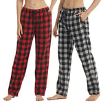 Lot de 2 Bas de Pyjama Femme en Flanelle à Carreaux Coton Ultra Doux Pantalon Pyjama Flanelle avec Poches, Gris à carreaux noirs + carreaux rouges (lot de 2), S