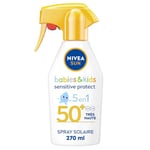 NIVEA SUN Pistolet solaire protection Babies & Kids Sensitive Protect FPS 50+ (1 x 270 ml), Spray solaire ultra résistant à l’eau, Crème solaire formulée pour la peau fragile des enfants et bébés