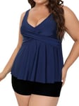 CUPSHE Ensemble tankini deux pièces pour femme avec col en V, short taille haute, bretelles réglables, ourlet à volants (XS-4XL), P-bleu marine/noir, 20 Plus