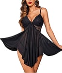 Avidlove Lingerie Sexy Femme Coquine Hot Dentelle Nuisette Femme Lingerie Transparent Babydoll V Neck Sleepwear Strap Chemise Noir XXL