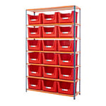 BiGDUG Premium Large Stacking Pick Bin Kit with 7 Levels and 18 Red Bins Chipboard, Steel 2440 x 1525 x 455 mm Blue, Orange