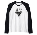 Surreal Floating Island Shirt - Dark Forest and Raven Art Raglan Baseball Tee