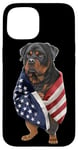 Coque pour iPhone 15 Chien Rottweiler patriotique enveloppé dans un drapeau américain américain