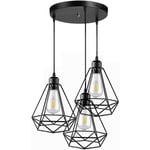 3 Lampes suspension industrielle vintage Métal Lustre Suspension Style Cage Géométrique E27 Lampe Suspension Vintage - Noir