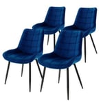 Lot de 4 chaises salle à manger en bleu foncé velours pieds acier noir 120 kg