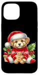 Coque pour iPhone 15 Chiot mignon en bonnet de noel avec biscuit au pain d'épice