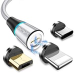 AVIWIS Câble de Chargeur Magnétique, 3 en 1 3A Charge Rapide et Synchro Données Câble Aimanté avec Micro USB, Type C, Ip Adaptateur pour Phone, Android Samsung, Huawei, Kindle (2m, Silver)