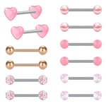 LAURITAMI 12pcs 14G Piercing Barre de Langue en Acier Chirurgical Bouclier de Mamelon Droite Barbell Anneaux Bar Cristal Piercing pour Le Corps Bijoux