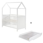 roba Lit Bébé Cabane 60x120 cm avec Plan et Matelas à Langer - Convertible et Réglable en Hauteur - Blanc