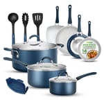 NutriChef, Stackable Pots and Pans Set - Ceramic Non Stick Pan Set, Induction Hob Cookware Set, Premium Cooking Set w/Lids, Heat Resistant, 14 Pcs, Blue