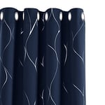 Deconovo Lot de 2 Rideau Occultants Isolants Thermique Anti Froid a Oeillets avec Motif Argente Bleu Marine 168x138 CM Rideau Salon