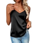 Zeagoo Vest Tops Women UK Silk Satin Tank Tops for Womens V Neck Sleeveless Summer Ladies Vests Crop Cami Camisole Basic Tops Shirt Casual Loose Underwear Blouses Tank Shirt Black M