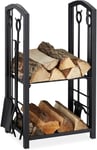 Etagère à bois serviteur, 2 Etages Porte buche, outils cheminée, pelle,balai,pince,tisonnier, noir, acier, plastique, 73 x 46 x 30 cm