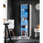 Vitrine Armoire Tivoli, Blanc/Noir, Largeur 55cm x Hauteur 159cm x Profondeur 35cm, led Blu, 3 étagères, pour Salon, Chambre, Entrée - Komodee