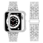 wutwuk Compatible Bracelet Apple Watch 44mm, Bling Métal Femme Brillant Bracelet de Montre avec Coque, Remplacement de Bracelet avec Strass Diamant pour Apple Watch Séries SE 2/SE 6 5 4-Argent 44mm