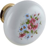 SCHÖRGHOFER & FREHE Bouton de meuble Cary Ø 35 mm – Bouton de meuble maison de campagne avec fleurs – Bouton de porte, porcelaine, laiton poli