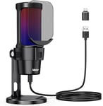 Microphone Condensateur USB Professionnel - Micro Gaming RGB avec Bouton de Silence, Micro pc pour Gaming Streaming Podcast Studio Enregistrement Gamer Stream Voix-Off, pour PS4/5 Mac Windows