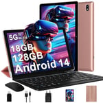 Tablette Android 14 avec 5G Wi-Fi 6, 18 Go RAM + 128 Go ROM(1 To Extensible), FHD Tablette Tactile avec Widevine L1, BT 5.0, 8 cœurs, 6000 mAh, 2 en 1 Tablette 10 Pouces avec Clavier et Souris,Or Rose