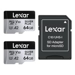 Lexar Silver Plus Lot de 2 Cartes Micro SD 64 Go, jusqu'à 205 Mo/s de Lecture, 100 Mo/s en écriture, Carte mémoire Micro SD avec Adaptateur, UHS-I, A2, U3, V30, Classe 10, 4K UHD microSDXC