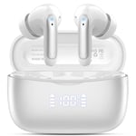 Wireless Earbuds, Bluetooth 5.3 Headphones In Ear with 4 HD microphone, 56H Playtime, HIFI Stereo In Ear Earphones, IPX7 Waterproof Bluetooth Earbuds, LED Display, USB-C, Sport/Work/Leisure/White