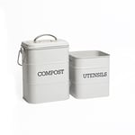 Bundle of KitchenCraft Living Nostalgia Kitchen Compost Bin, Metal, 16.5 x 12 x 24 cm, French Grey + KitchenCraft Living Nostalgia Utensils Tin, Grey, 14.5 x 16 cm