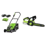 Greenworks Tondeuse à Gazon à batterie2 x 24 V Largeur de Coupe de 36 cm jusqu'à 250 m² Sac de ramassage d'herbe 40 L avec 2 Batteries de 2 Ah et Chargeur + Tronçonneuse sans balais de 30 cm