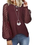 Tuopuda Chemisier Femme T-Shirts Manches Longues Gaufrette Waffle Tunique Dentelle Pull Chic Col Rond Blouse Élégant Pullover Casual Tops, Vin Rouge, XXL