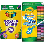 CRAYOLA Colouring Pencils - Assorted Colours (Pack of 36) | Ideal for Kids Aged 3+ & SuperTips Washable Markers - Assorted Colours (Pack of 24) | Ideal for Kids Aged 3+