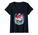 Womens Cherry Drip Melting Ice Cream Splash V-Neck T-Shirt