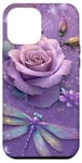 Coque pour iPhone 12 Pro Max Jolie rose violette et libellule avec étoiles libellules violettes