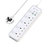 AUNNO Extension Lead with USB Slots, 4 Way Sockets Outlets with 4 USB-C Ports and 2 USB Ports, 1.8M Extension Cable with Switch Surge Protected Power Strips, UK Multi Plug Adapter Electrical Cords