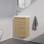 Meuble suspendu bois laqué + lavabo vasque céramique avec porte + poignée métal Chrome, 40,5x22x55cm, TIM 400, Chêne blanchi