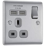 BG Prise électrique électrique avec interrupteur unique avec ports de charge USB, 13 A, acier brossé