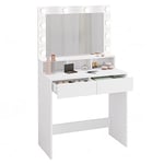 EUGAD Coiffeuse avec Grand Miroir LED, Lumières Réglables, Table de Maquillage avec 2 Tiroirs, 3 Compartiments, 1 Étagère, Meuble de Rangement Chambre, Moderne, en Bois, Blanc