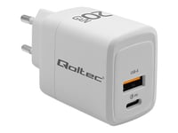 Qoltec - Strömadapter - Gan, 5-20V, 1.5-3A - 20 Watt - 3 A - Pd, Quick Charge 3.0 - 2 Utdatakontakter (Usb-C (Pd), Usb) - Vit