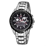 DMXYY-fashion watch- TVG Round Dial Glass Watch Window Luminous & Alarm & Week Display Function Quartz + Digital Double Movement Men Watch with Alloy Band(Black). (Color : Black)