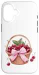 Coque pour iPhone 16 Noeud coquette rose sur un panier en osier avec cerises