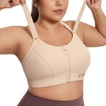 SYROKAN Soutien Gorge Femme Sport sans Armature Grande Taille Maintien Extreme à Impact Élevé Zipper Avant Bretelles Réglables Beige 105C