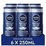 NIVEA Gel douche Protect & Care (lot de 6 x 250 ml), Gel douche homme 3-en-1hydratant, Soin lavant à la formule hydratante enrichie en Aloe Vera