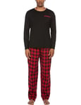 Ekouaer Pyjama Long en Coton pour Homme, Ensemble de vêtements de Nuit à col Rond, Chemise à Manches Longues et Pantalon de Pyjama Deux pièces avec Poche Noir-1 XXL