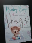 GREETINGS CARD FOR THE BIRTH OF A NEW BABY BOY - BEAR WITH ABC BRICKS