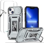 Antichoc Coque Para Iphone 13 6.1',Tpu+Pc Housse Protection De Qualité Militaire Avec Lentille Coulissante Couverture/2* Verre Trempé,Compatible Support De Voiture Magnétique-Gris